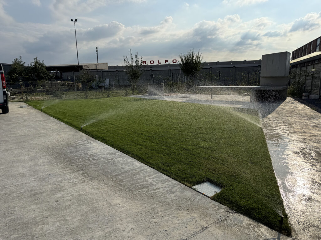 Irrigatori in funzione su un'area di prato nuovo delimitata da superfici in cemento